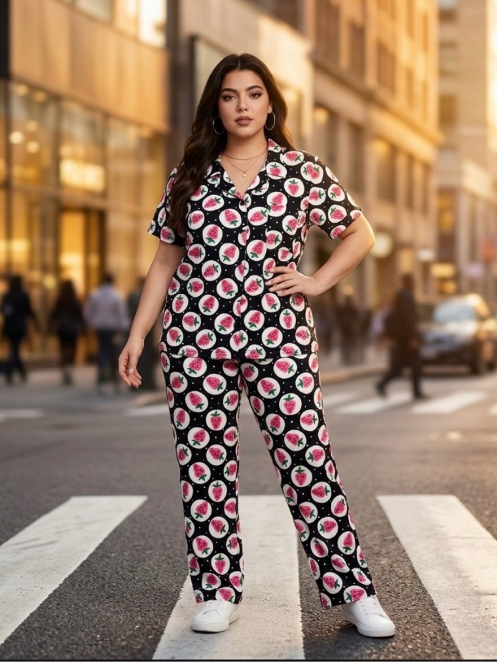 Black Pajama Set with Pink Strawberry Print